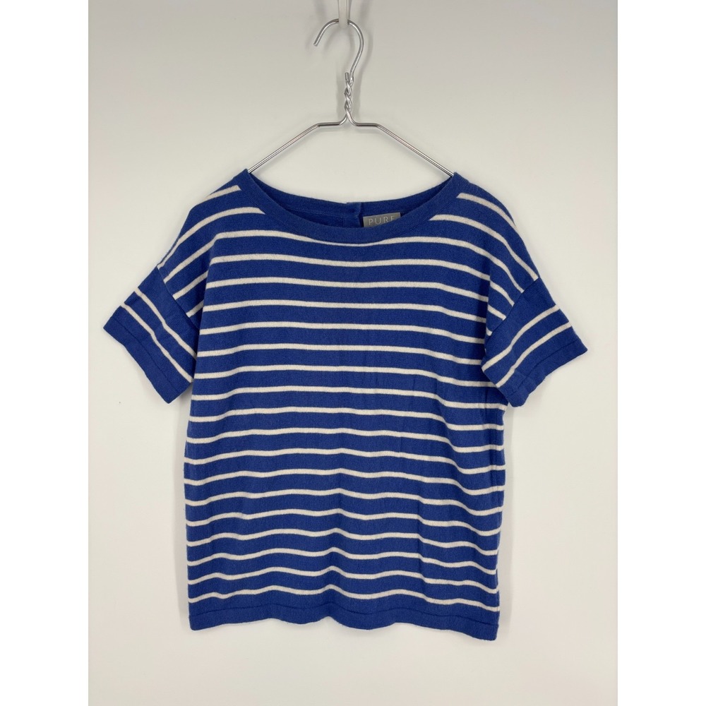 Pure Collection Sweater Womens 6 Blue Striped Cashmere Short Sleeve Button Back
